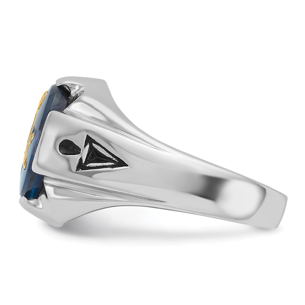 14kw Men's Polished, Antiqued & Grooved w/ Imit. Blue Spinel Masonic Ring