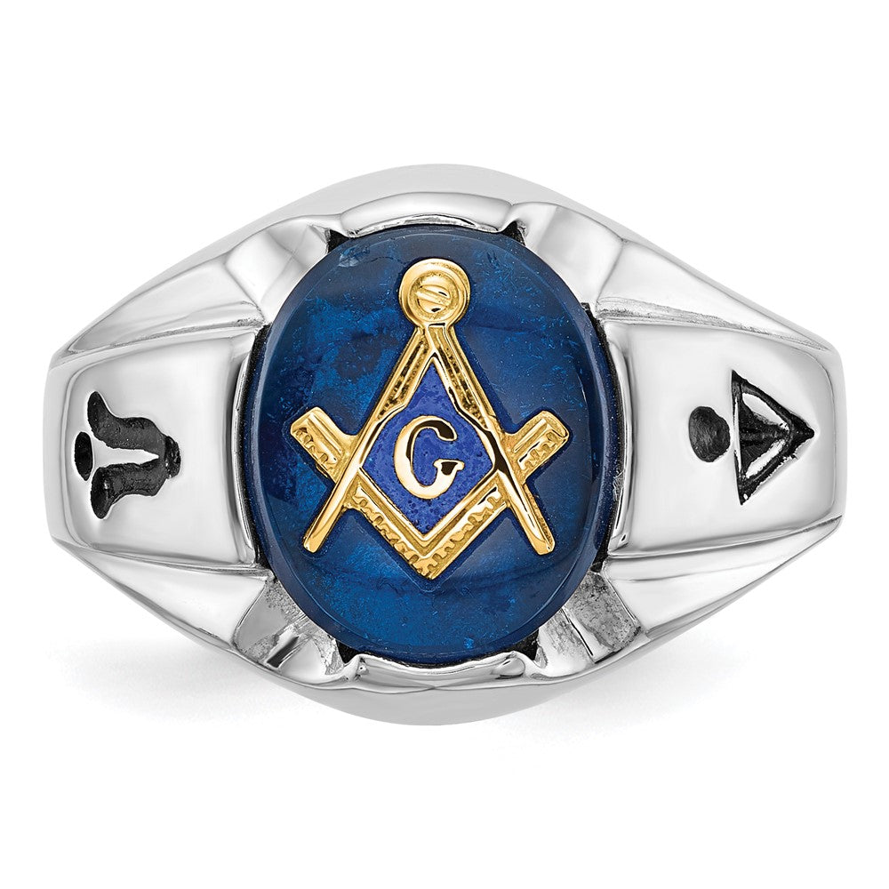 14kw Men's Polished, Antiqued & Grooved w/ Imit. Blue Spinel Masonic Ring