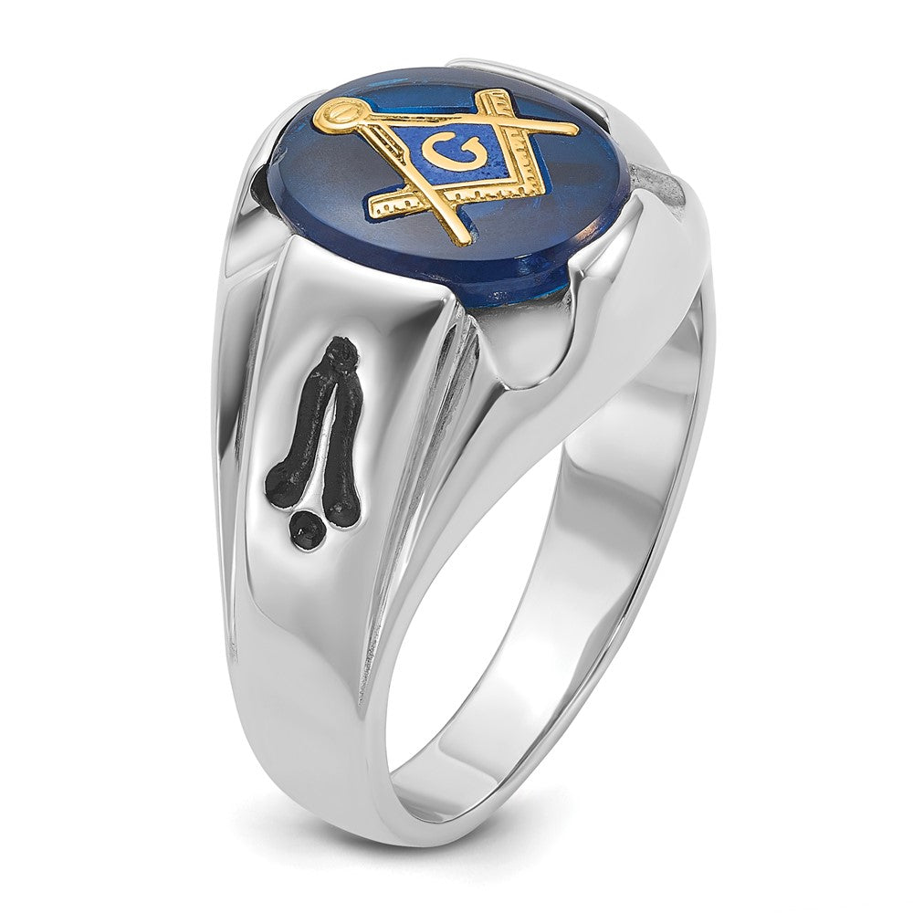 14kw Men's Polished, Antiqued & Grooved w/ Imit. Blue Spinel Masonic Ring