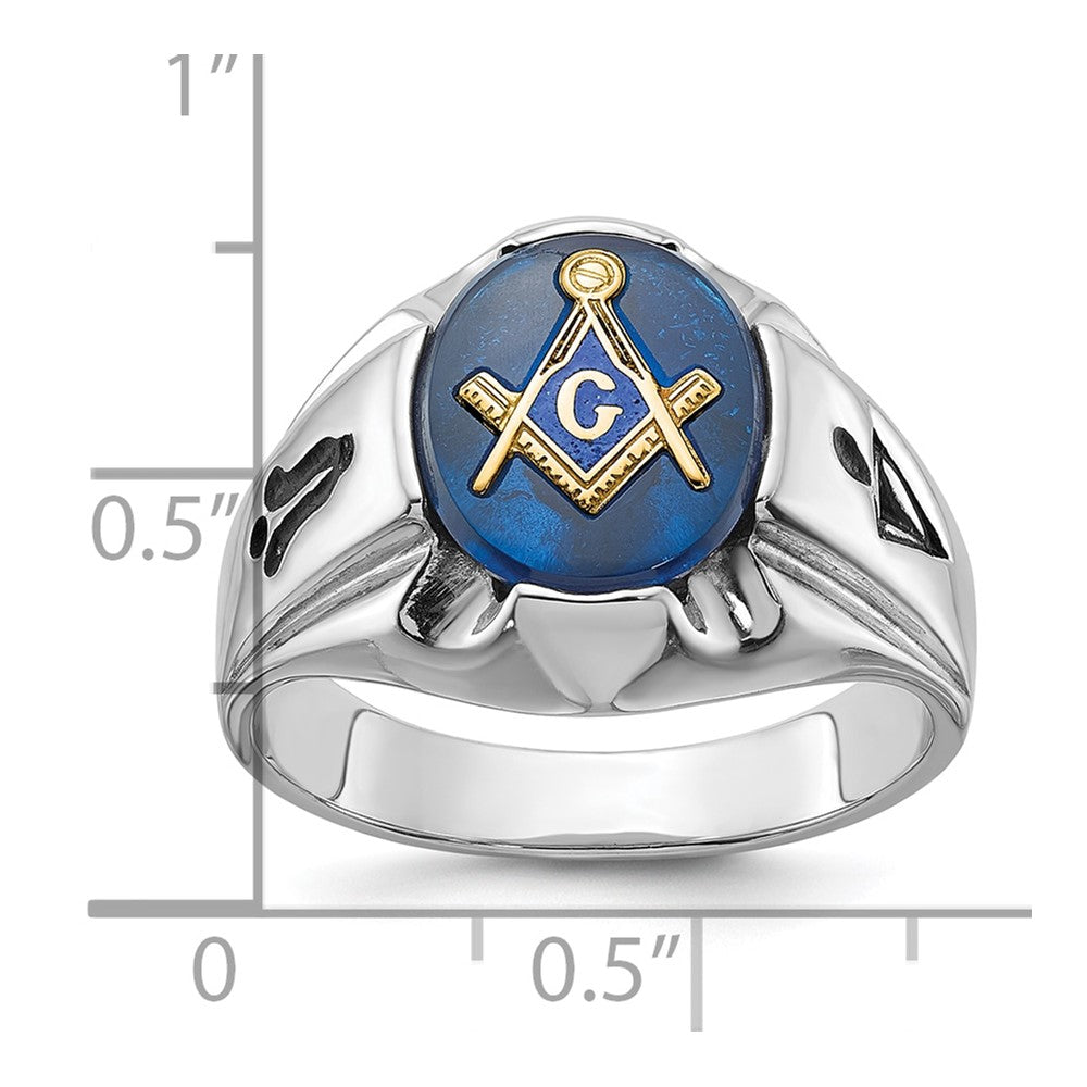 14kw Men's Polished, Antiqued & Grooved w/ Imit. Blue Spinel Masonic Ring