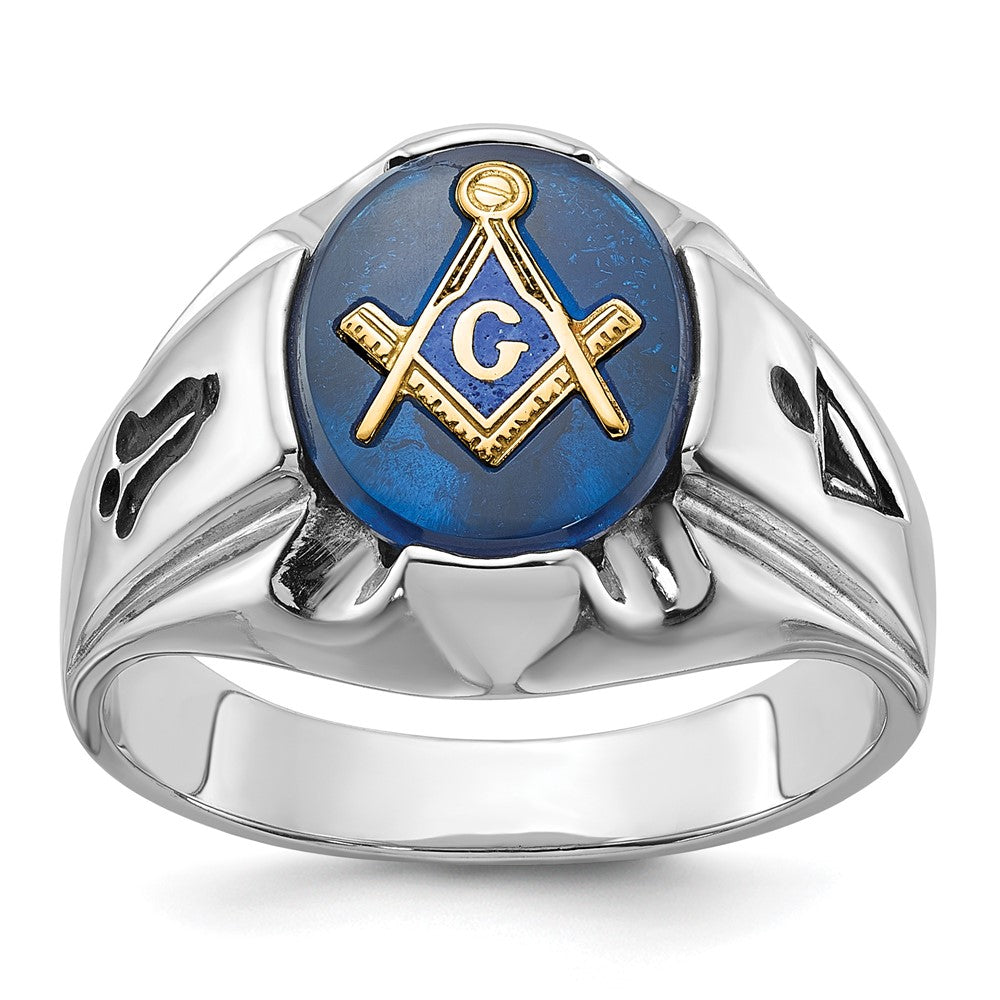 14kw Men's Polished, Antiqued & Grooved w/ Imit. Blue Spinel Masonic Ring