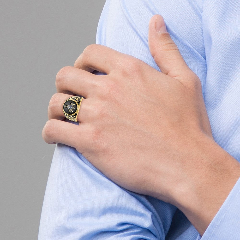 14k Men's Polished & Textured w/ Epoxy & Onyx Masonic Ring