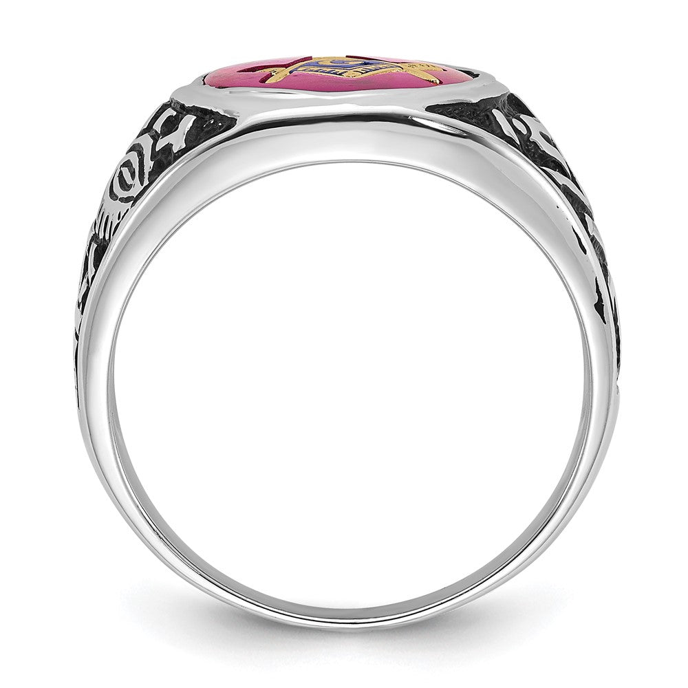 14kw Men's Antiqued & Textured w/ Lab Cr. Ruby Masonic Ring