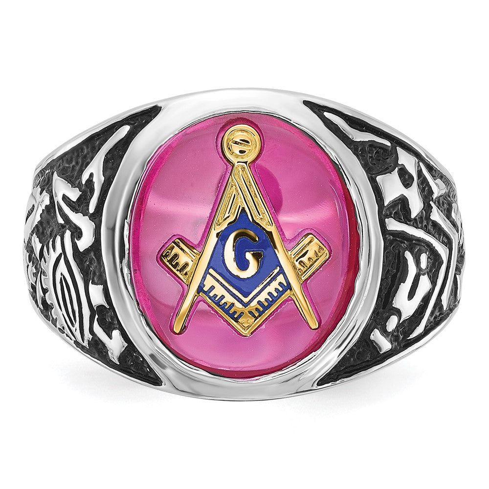 14kw Men's Antiqued & Textured w/ Lab Cr. Ruby Masonic Ring