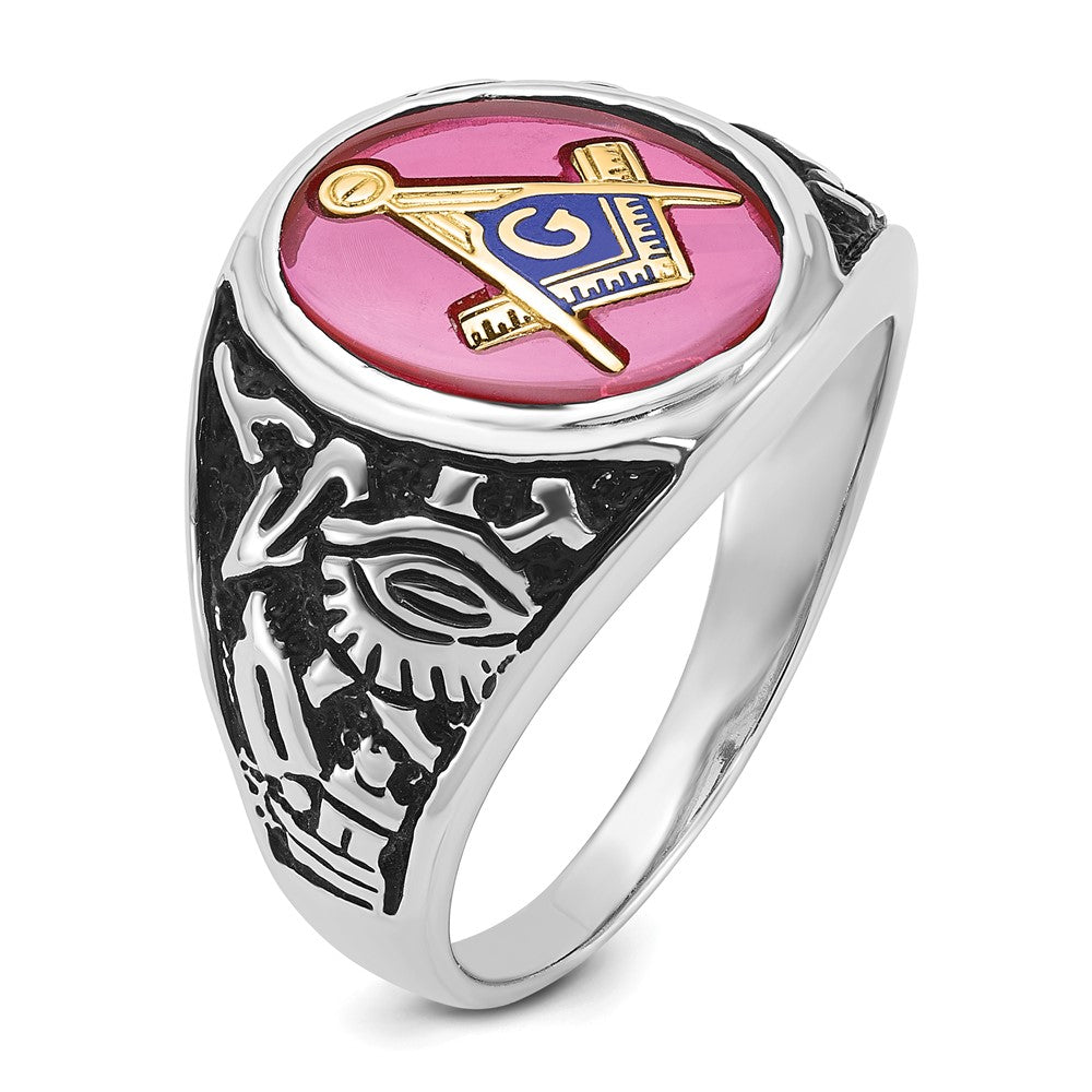 14kw Men's Antiqued & Textured w/ Lab Cr. Ruby Masonic Ring