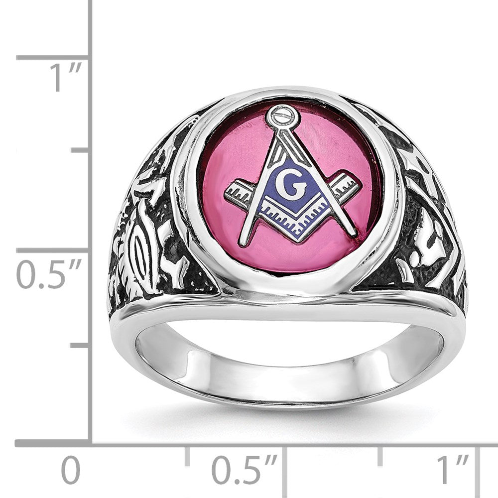 14kw Men's Antiqued & Textured w/ Lab Cr. Ruby Masonic Ring