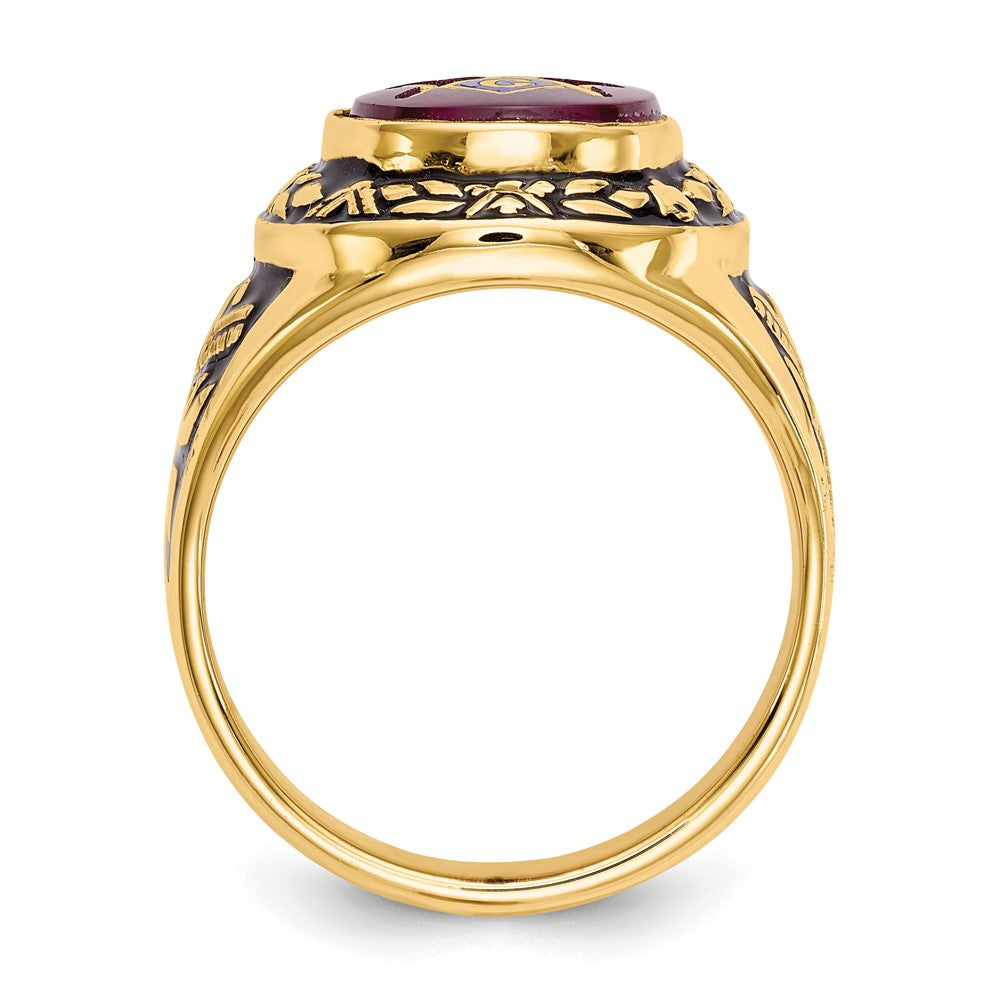 14k Men's Antiqued & Textured w/ Lab Cr. Ruby Masonic Ring