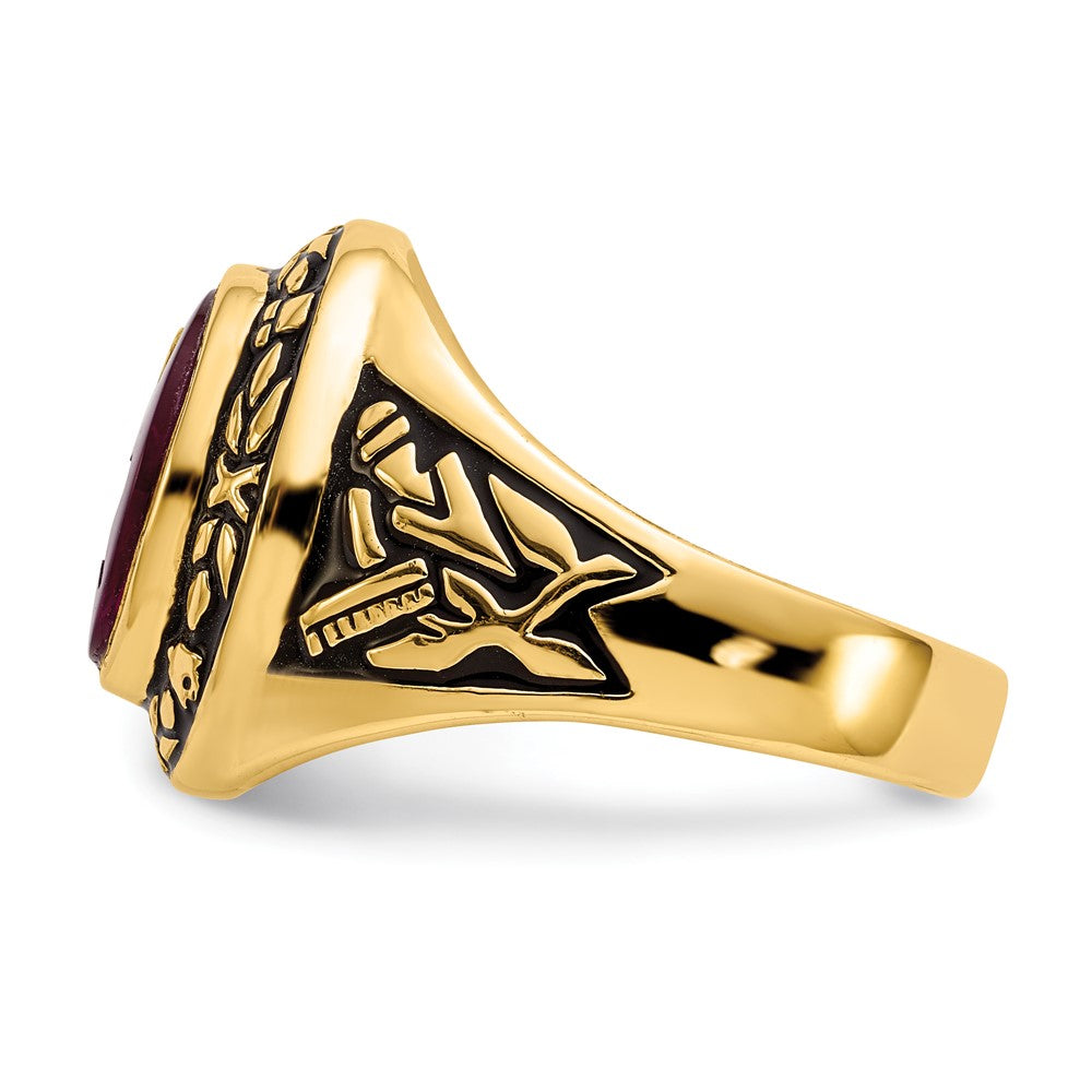 14k Men's Antiqued & Textured w/ Lab Cr. Ruby Masonic Ring