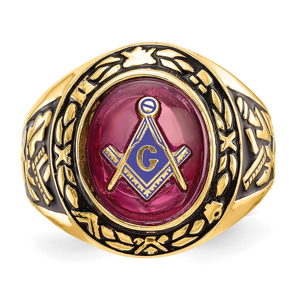 14k Men's Antiqued & Textured w/ Lab Cr. Ruby Masonic Ring