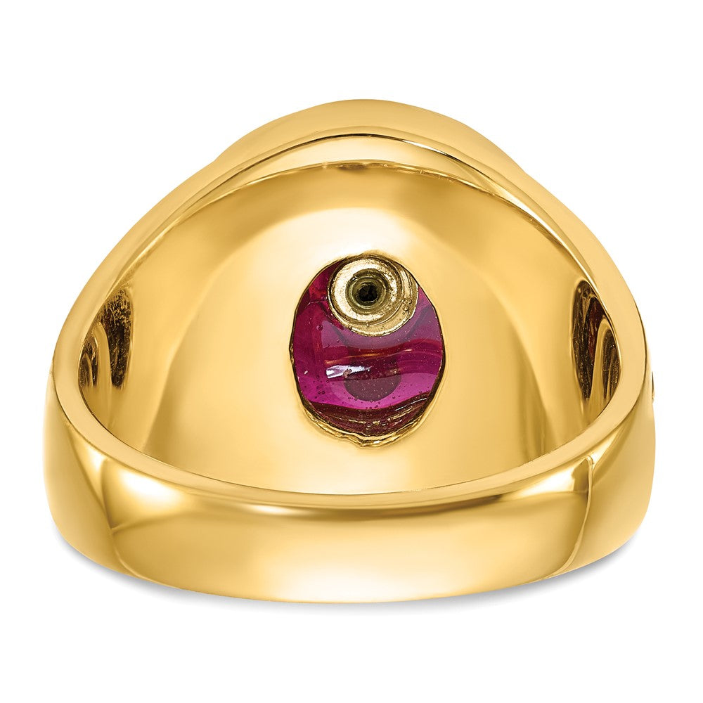 14k Men's Antiqued & Textured w/ Lab Cr. Ruby Masonic Ring