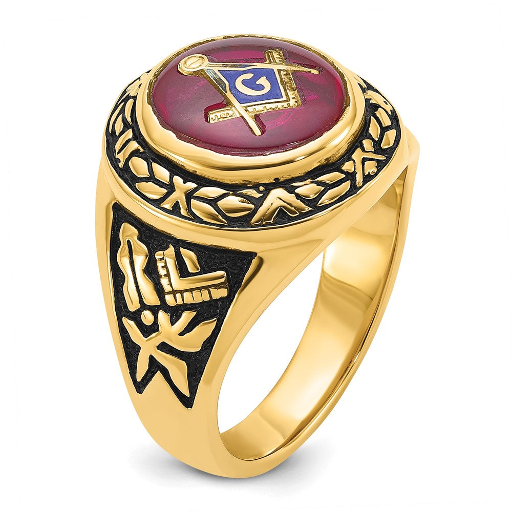 14k Men's Antiqued & Textured w/ Lab Cr. Ruby Masonic Ring