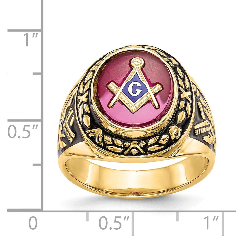 14k Men's Antiqued & Textured w/ Lab Cr. Ruby Masonic Ring