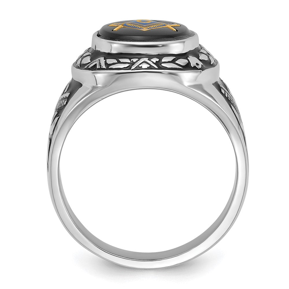 14kw Men's Polished, Antiqued & Textured w/ Onyx Masonic Ring