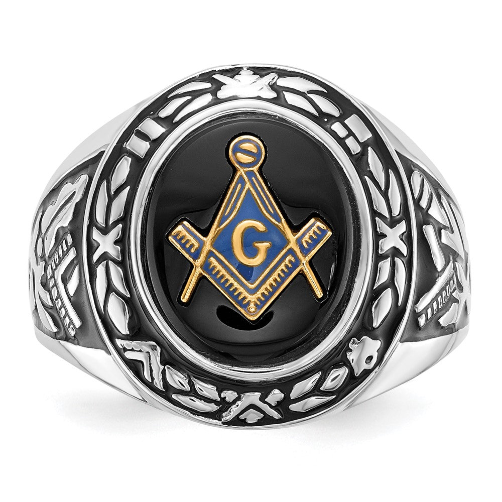 14kw Men's Polished, Antiqued & Textured w/ Onyx Masonic Ring