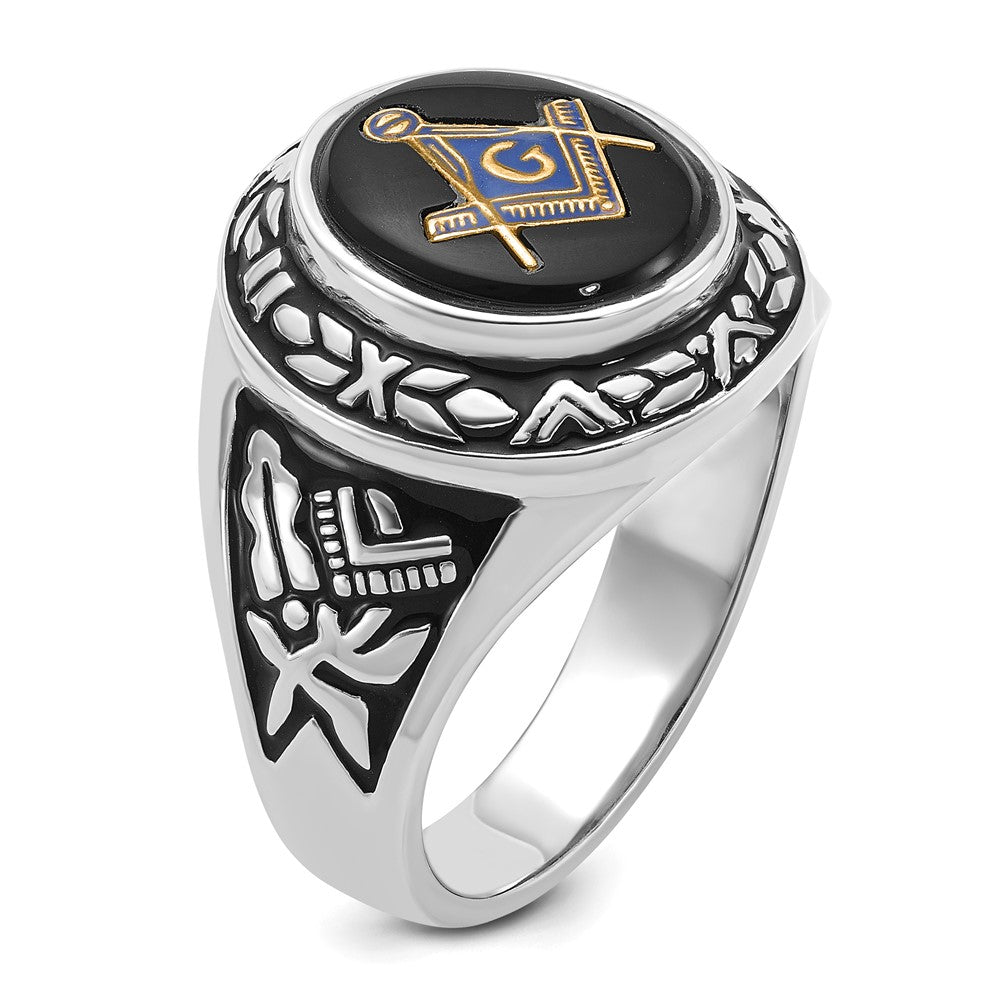 14kw Men's Polished, Antiqued & Textured w/ Onyx Masonic Ring