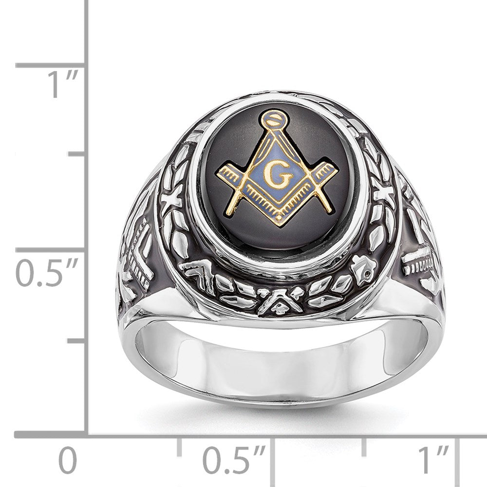 14kw Men's Polished, Antiqued & Textured w/ Onyx Masonic Ring