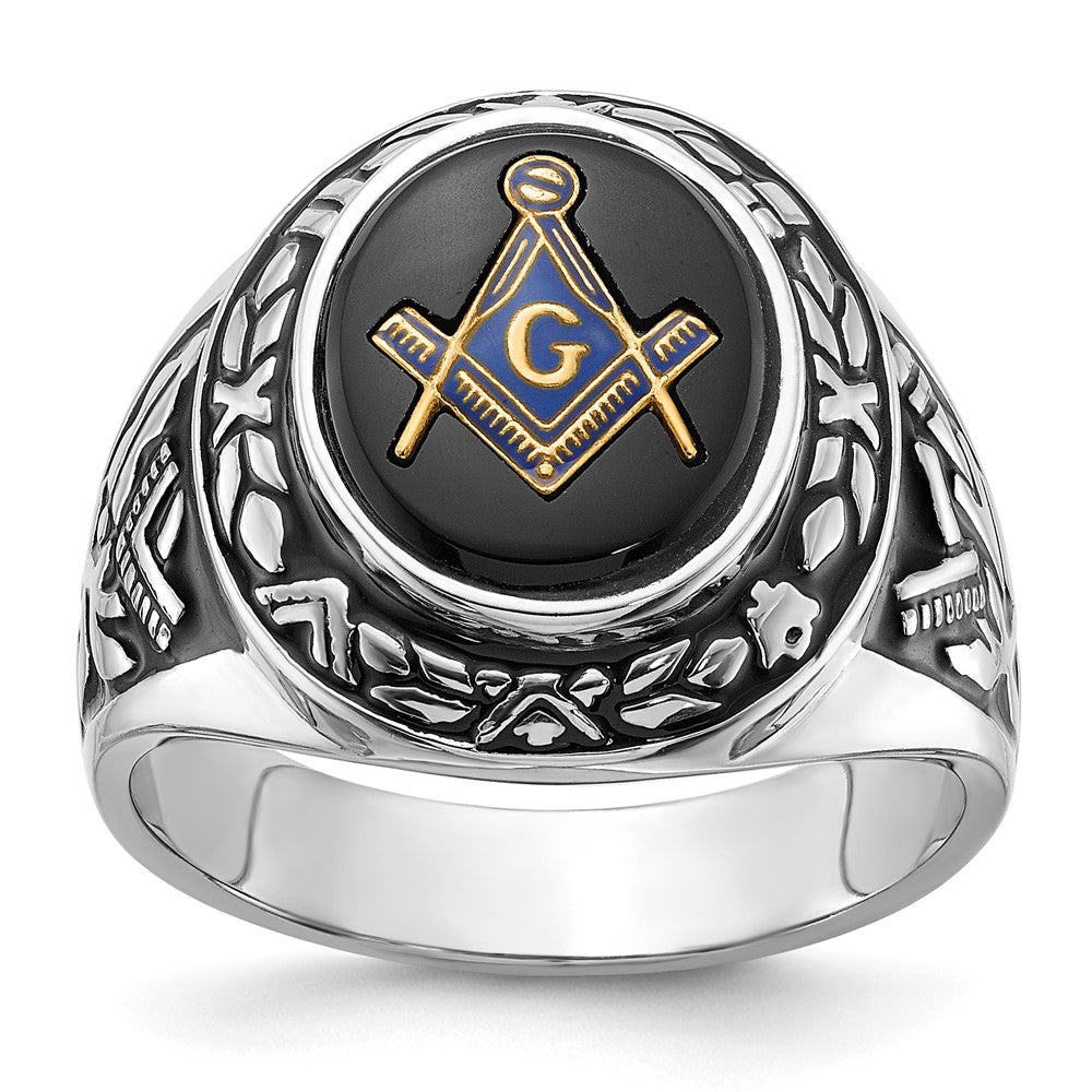 14kw Men's Polished, Antiqued & Textured w/ Onyx Masonic Ring