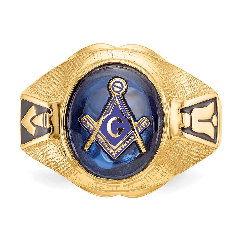 14k Men's Antiqued & Textured w/ Syn. Blue Spinel Masonic Ring