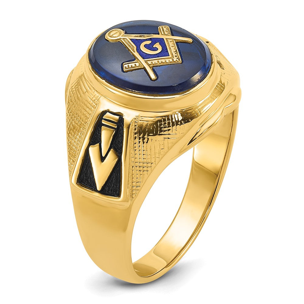 14k Men's Antiqued & Textured w/ Syn. Blue Spinel Masonic Ring