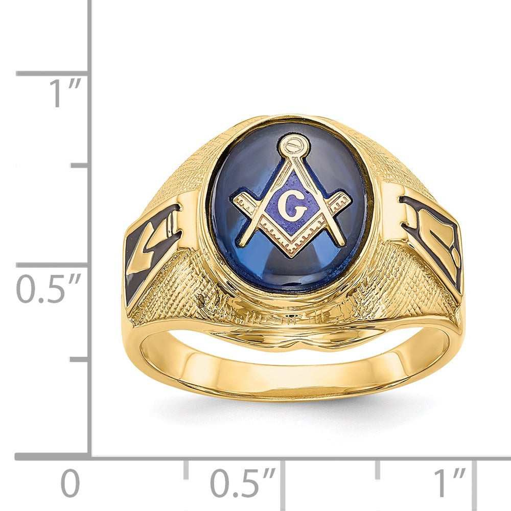 14k Men's Antiqued & Textured w/ Syn. Blue Spinel Masonic Ring