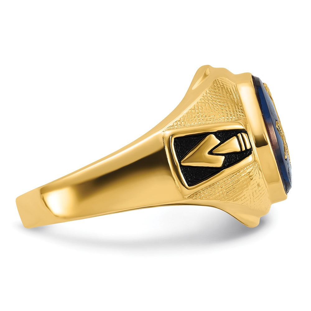 14k Men's Antiqued & Textured w/ Syn. Blue Spinel Masonic Ring