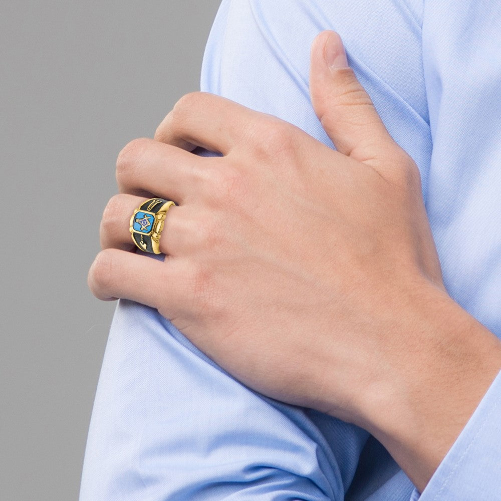 14k Men's Antiqued and Textured w/ Imit. Blue Spinel Masonic Ring