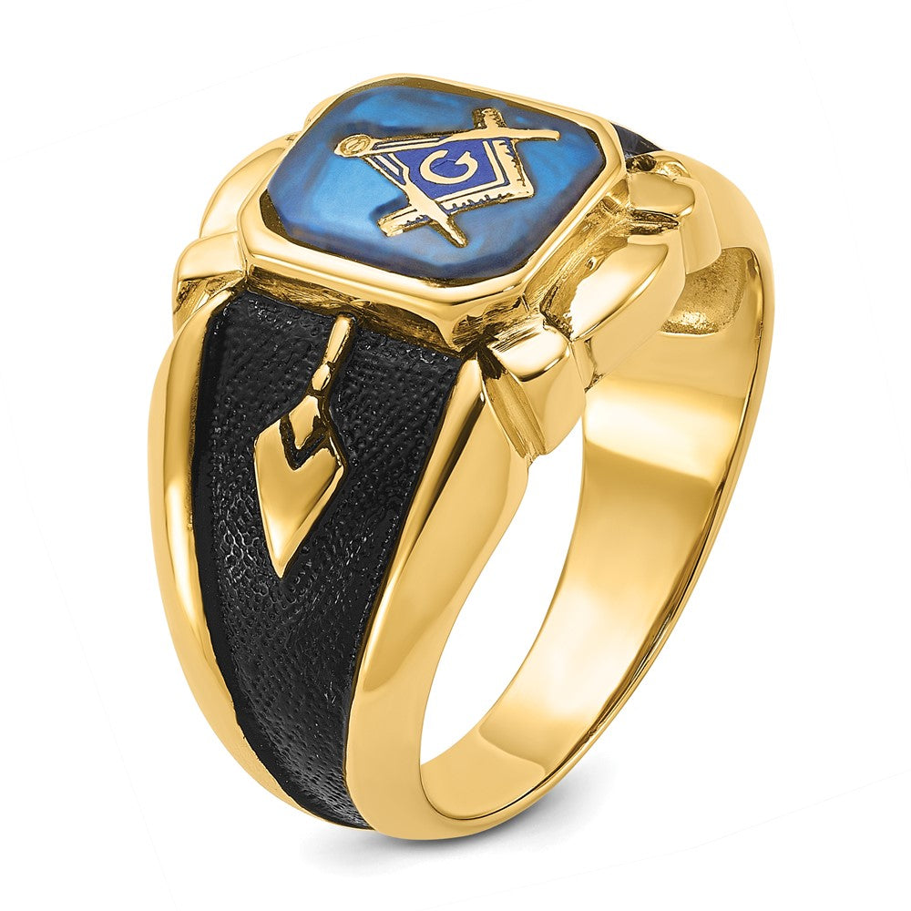 14k Men's Antiqued and Textured w/ Imit. Blue Spinel Masonic Ring