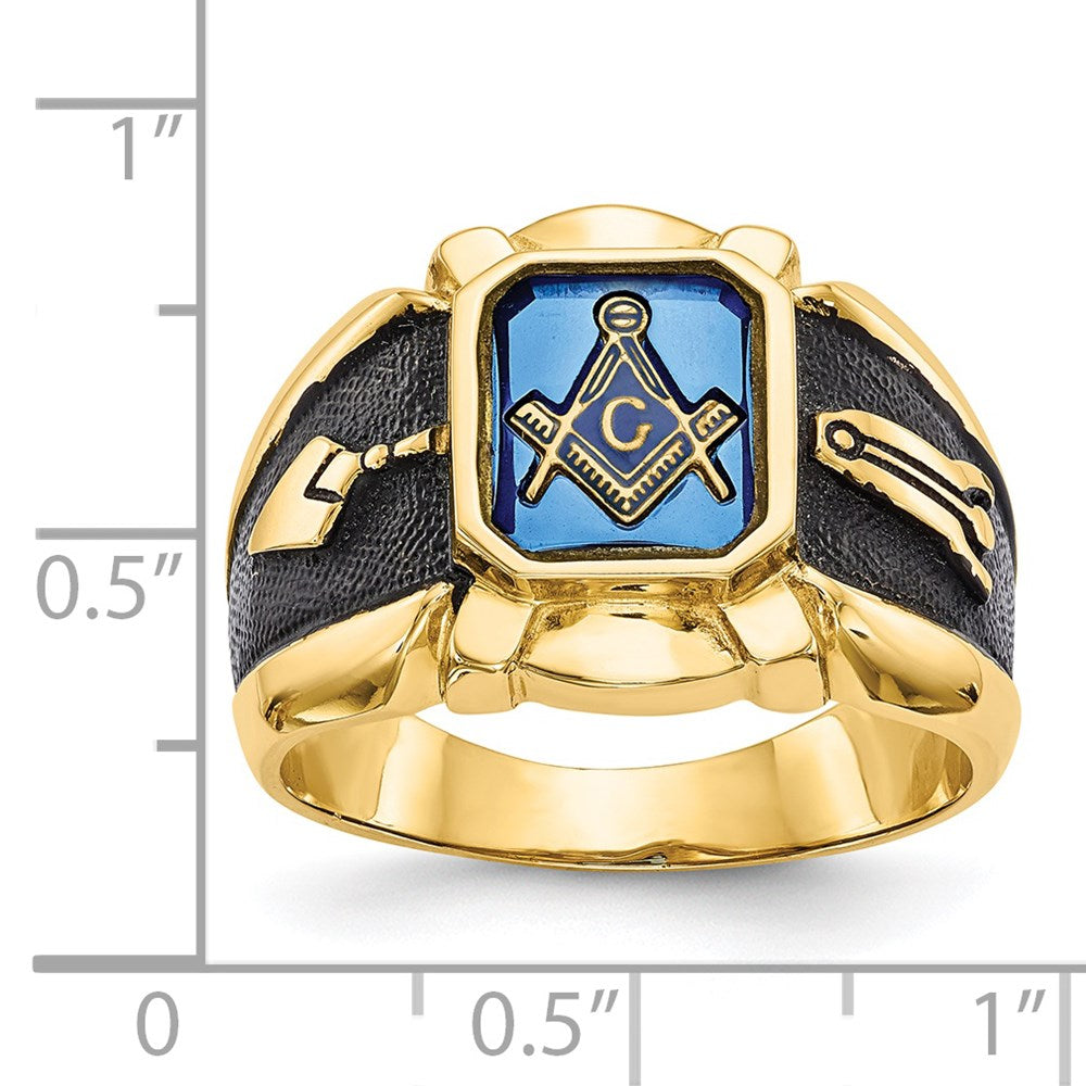 14k Men's Antiqued and Textured w/ Imit. Blue Spinel Masonic Ring