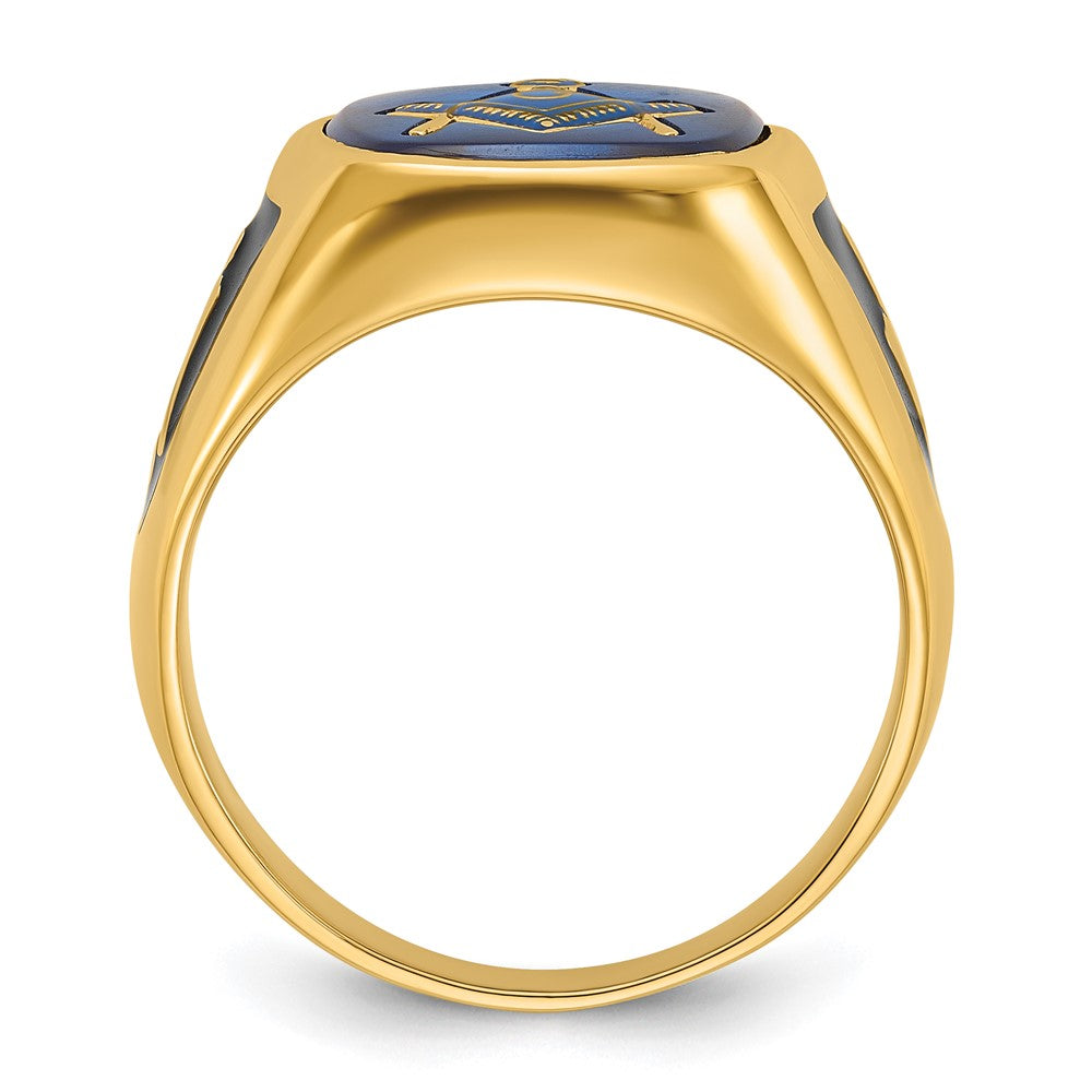 14k Men's Textured w/ Black Enamel & Imit. Blue Spinel Masonic Ring