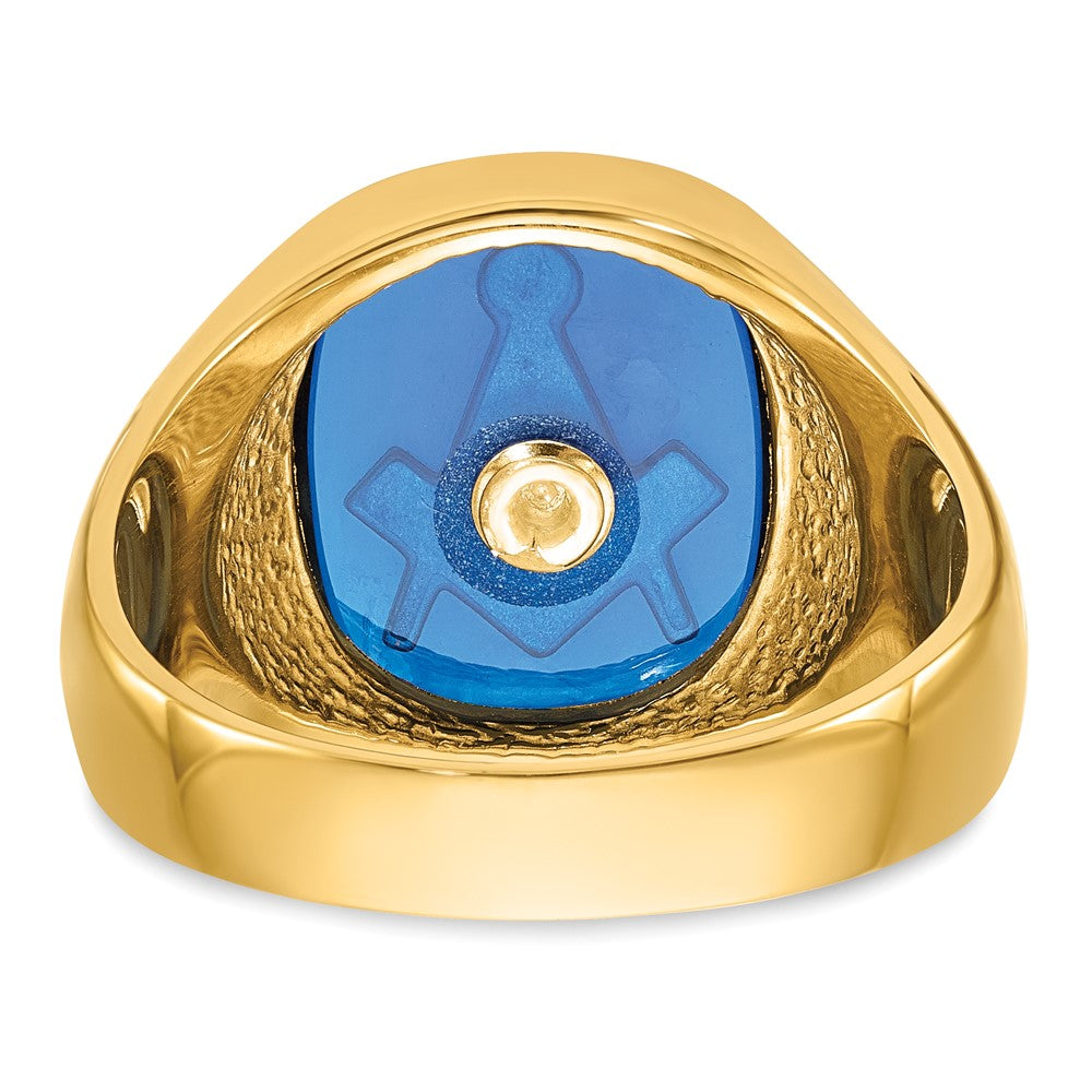 14k Men's Textured w/ Black Enamel & Imit. Blue Spinel Masonic Ring