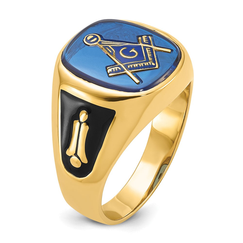 14k Men's Textured w/ Black Enamel & Imit. Blue Spinel Masonic Ring