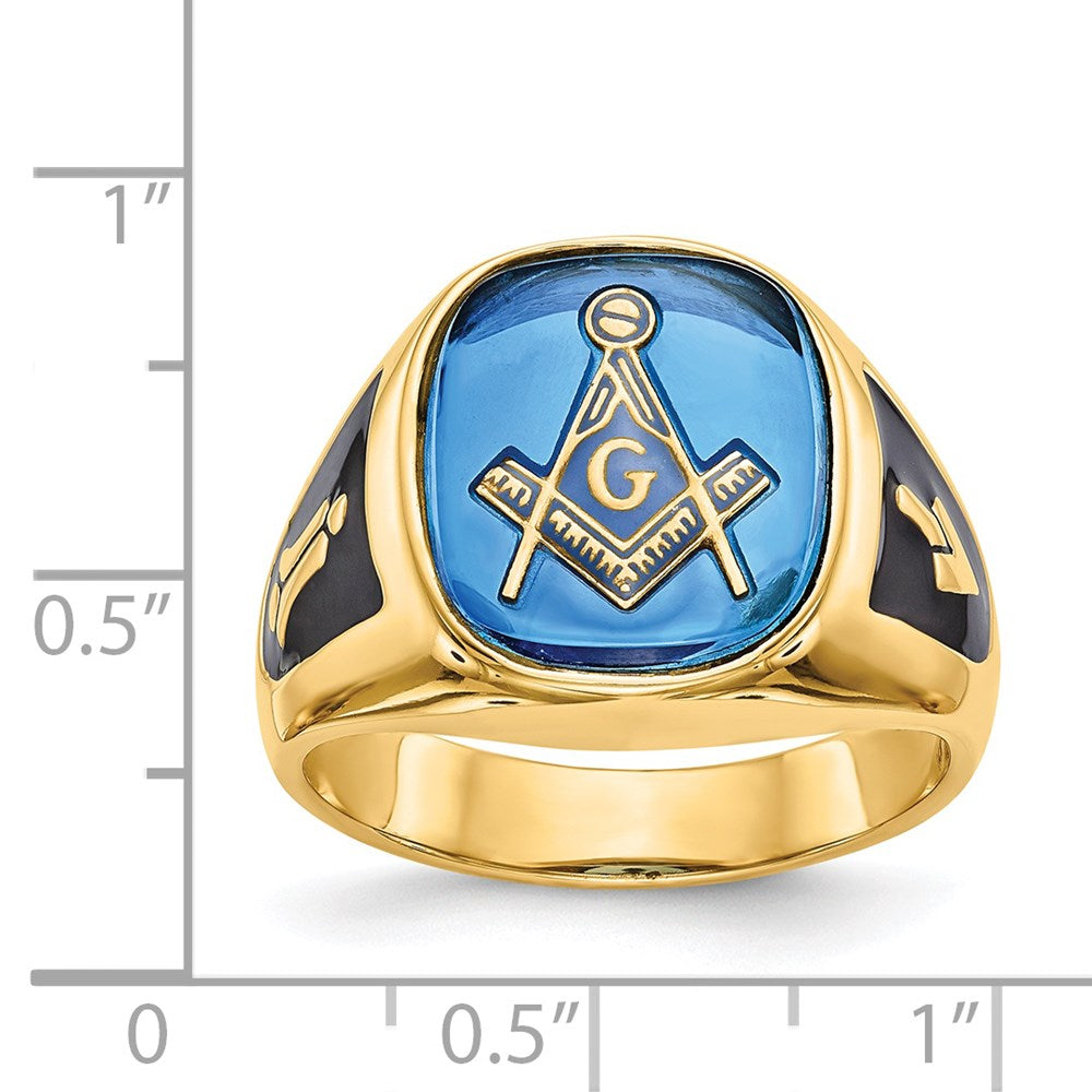 14k Men's Textured w/ Black Enamel & Imit. Blue Spinel Masonic Ring
