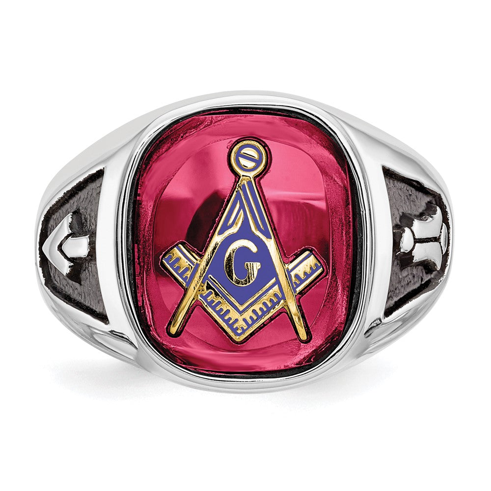 14kw Men's Textured w/ Black Enamel & Lab Cr. Ruby Masonic Ring