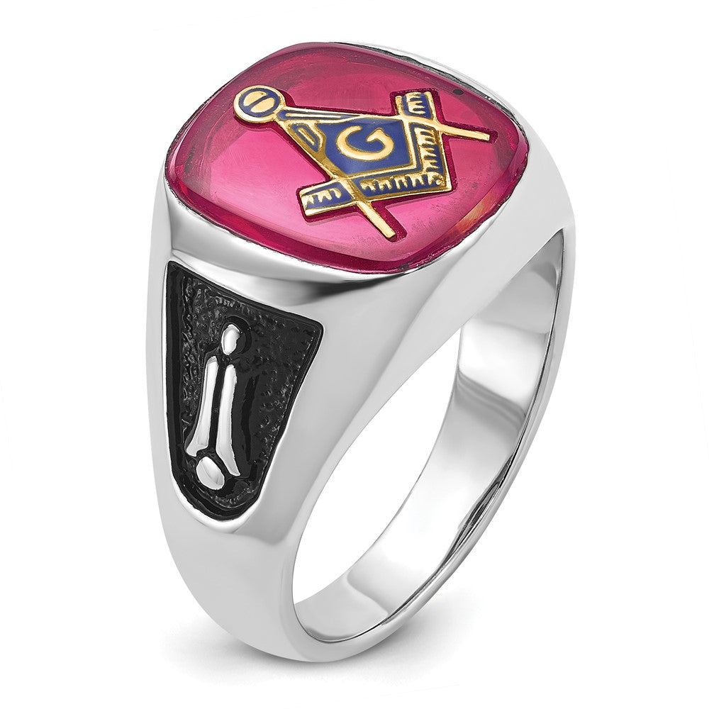 14kw Men's Textured w/ Black Enamel & Lab Cr. Ruby Masonic Ring