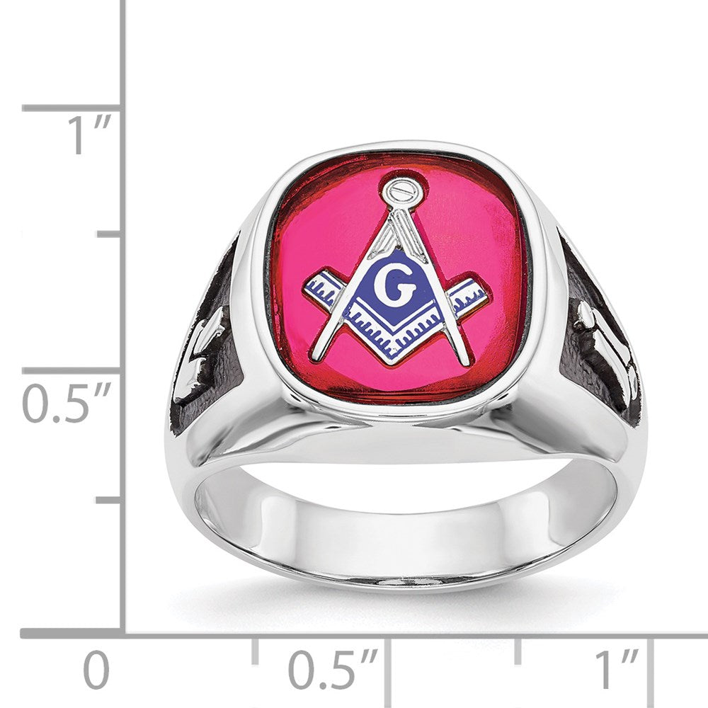 14kw Men's Textured w/ Black Enamel & Lab Cr. Ruby Masonic Ring