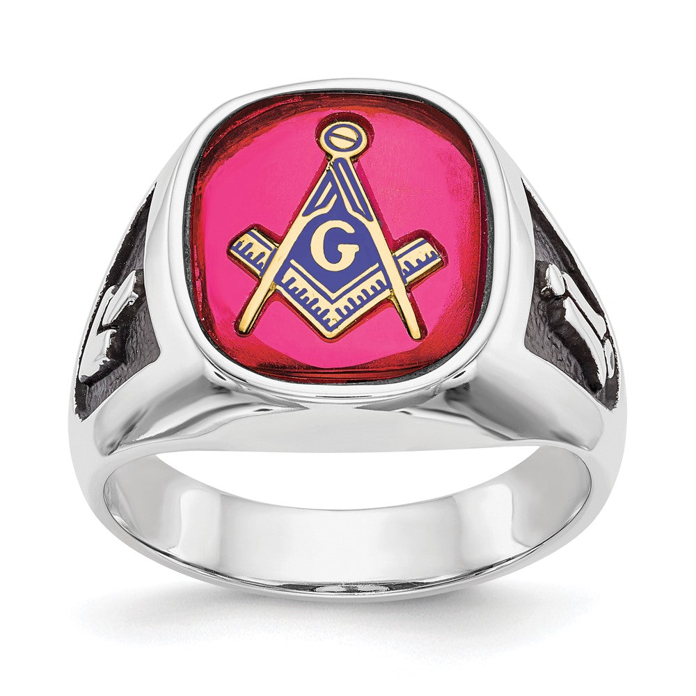 14kw Men's Textured w/ Black Enamel & Lab Cr. Ruby Masonic Ring
