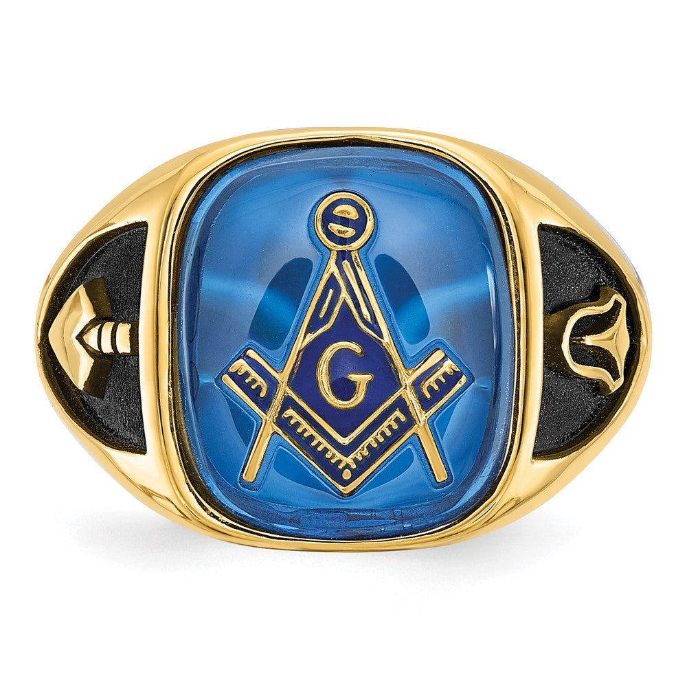 14k Men's Antiqued & Textured w/ Imit. Blue Spinel Masonic Ring