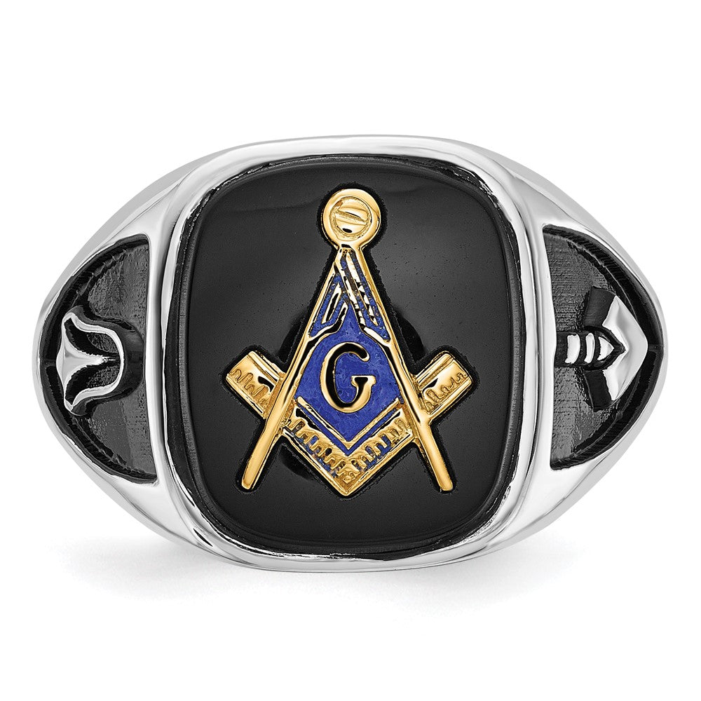 14kw & Gold-plated Men's Textured w/ Black Enamel & Onyx Masonic Ring