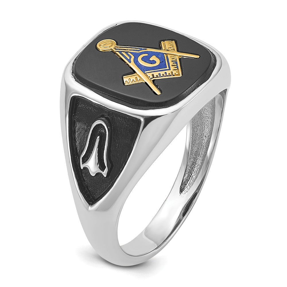 14kw & Gold-plated Men's Textured w/ Black Enamel & Onyx Masonic Ring