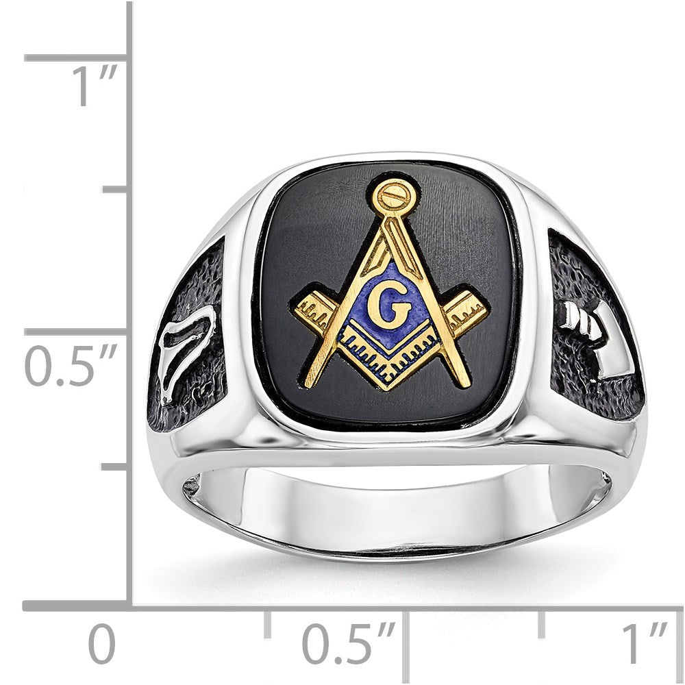 14kw & Gold-plated Men's Textured w/ Black Enamel & Onyx Masonic Ring