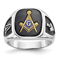 14kw & Gold-plated Men's Textured w/ Black Enamel & Onyx Masonic Ring