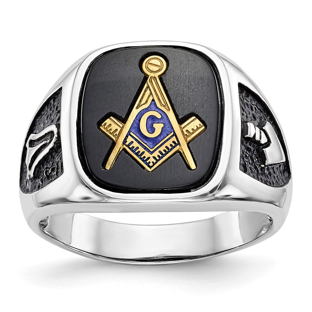 14kw & Gold-plated Men's Textured w/ Black Enamel & Onyx Masonic Ring