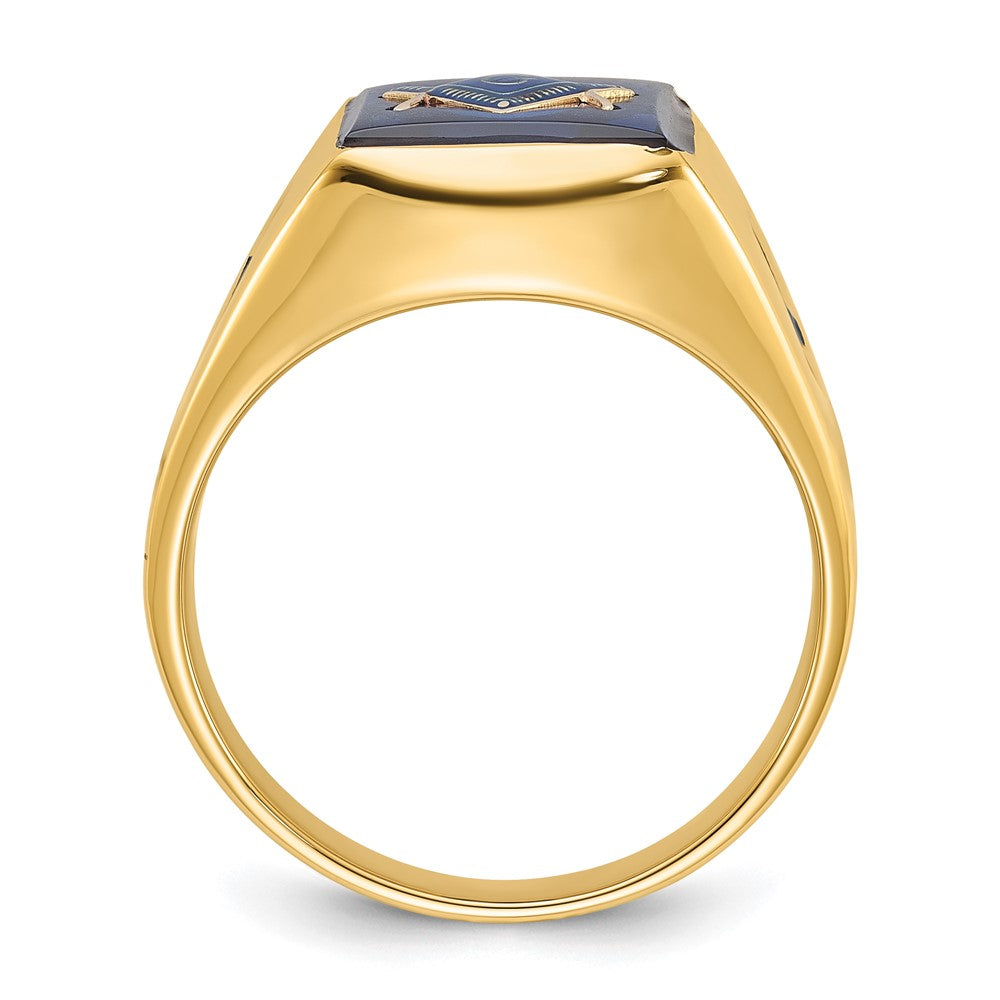 14k Men's Grooved w/ Black Enamel & Imit. Blue Spinel Masonic Ring