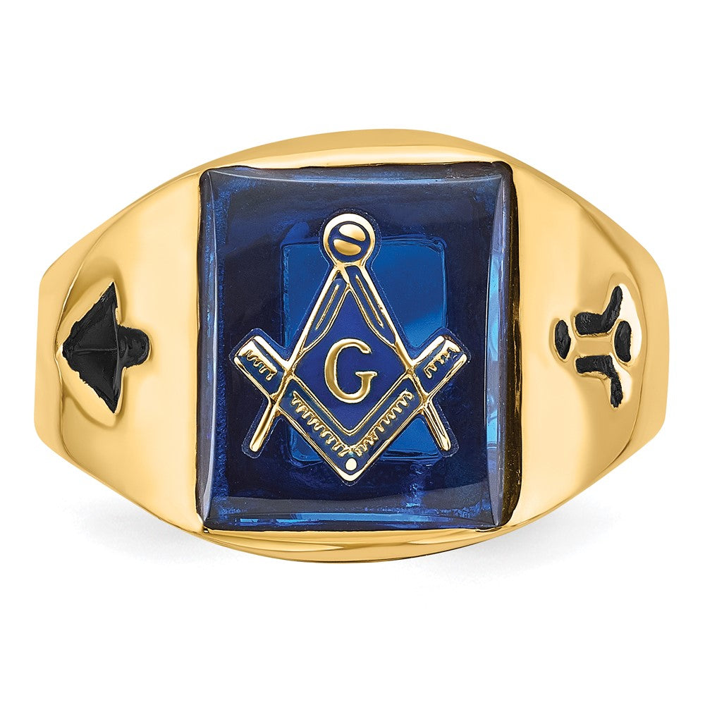 14k Men's Grooved w/ Black Enamel & Imit. Blue Spinel Masonic Ring