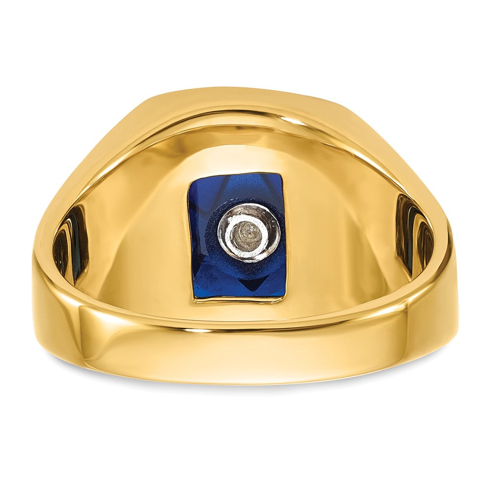 14k Men's Grooved w/ Black Enamel & Imit. Blue Spinel Masonic Ring
