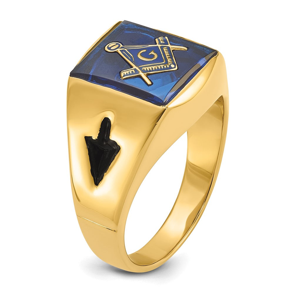 14k Men's Grooved w/ Black Enamel & Imit. Blue Spinel Masonic Ring
