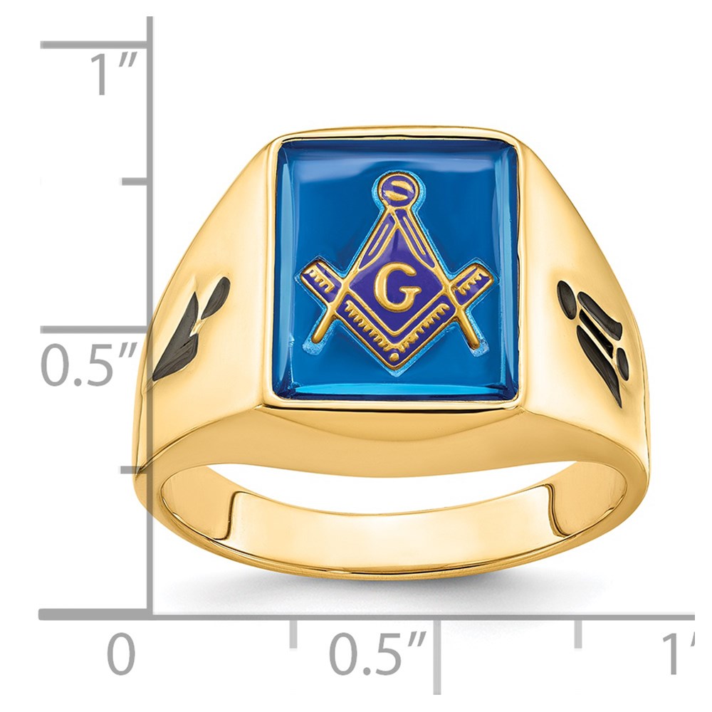 14k Men's Grooved w/ Black Enamel & Imit. Blue Spinel Masonic Ring