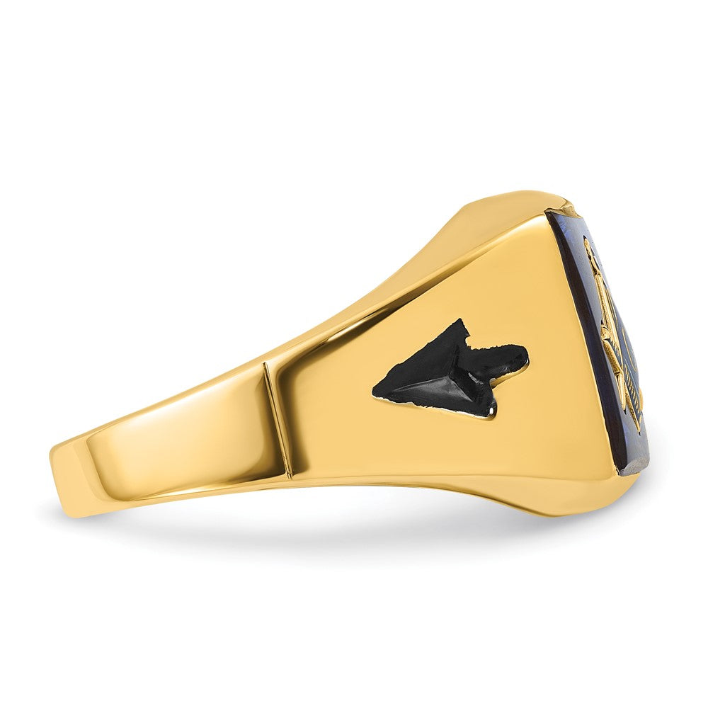14k Men's Grooved w/ Black Enamel & Imit. Blue Spinel Masonic Ring