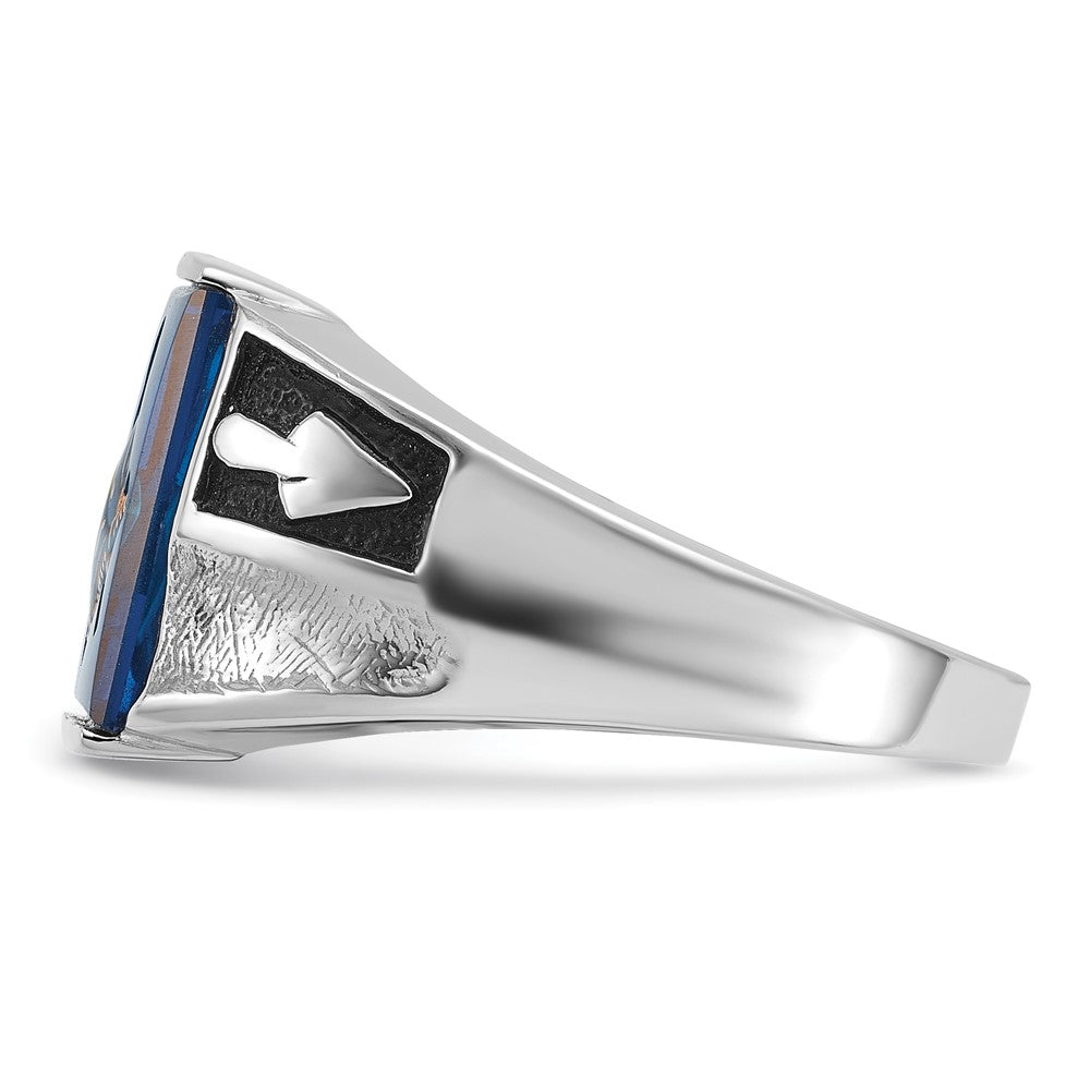 14kw Men's Textured w/ Black Enamel & Imit. Blue Spinel Masonic Ring