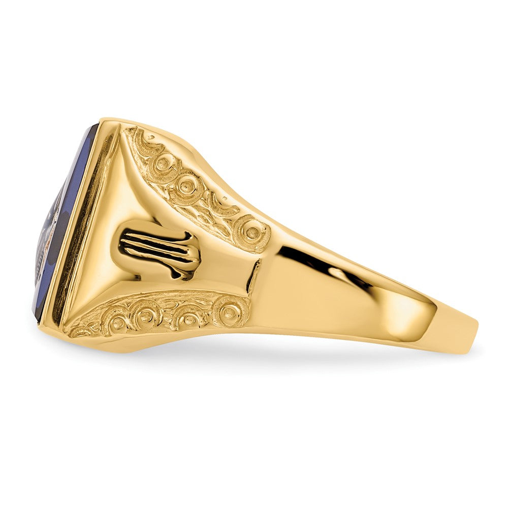 14k Men's Antiqued & Textured with Imit. Blue Spinel Masonic Ring